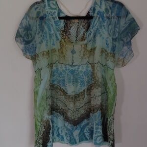 Energe Womens Flutter Sleeve Top Size XL Sheer Overlay Paisley Green Boho Fairy